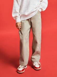 Annil 青春期女孩服装。春季青春期女孩长裤。休闲、仿牛仔布、时尚、透气、宽松、纯色长裤。 - 咖啡棕 - 查看 1