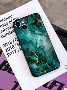1pc Creative Marbled Green Tie Dye Pattern Perforated Black Full Coverage Soft Phone Case Compatible With IPhone 11/12/13/14/15/16 Pro Max Waterproof Shockproof Anti-Fall Scratch Resistant - Multicolor - View 2