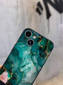 1pc Creative Marbled Green Tie Dye Pattern Perforated Black Full Coverage Soft Phone Case Compatible With IPhone 11/12/13/14/15/16 Pro Max Waterproof Shockproof Anti-Fall Scratch Resistant - Multicolor - View 3