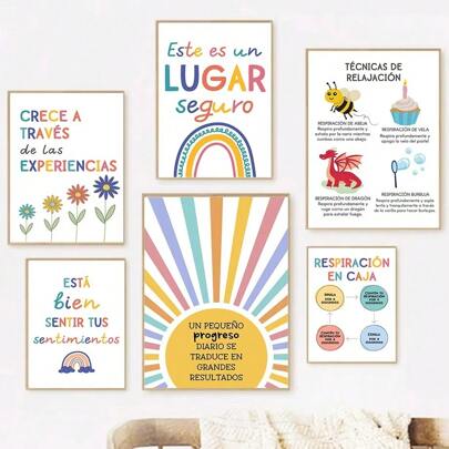 1 pieza Arte de pared Pósteres Citas modernas Máximas de educación en español Arte de pared de arcoíris y sol Pintura en lienzo nórdica Pósteres e impresiones Imágenes de dibujos animados Decoración de habitación infantil, sin marco