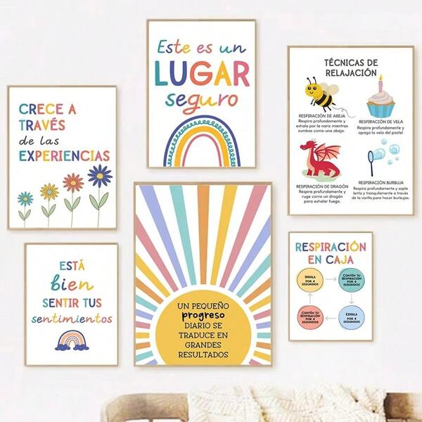 1 pieza Arte de pared Pósteres Citas modernas Máximas de educación en español Arte de pared de arcoíris y sol Pintura en lienzo nórdica Pósteres e impresiones Imágenes de dibujos animados Decoración de habitación infantil, sin marco