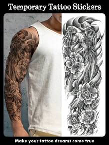 1 Hoja de tatuajes temporales de gran tamaño para todo el brazo para hombres y mujeres, con patrones de estilo callejero de águila negra, fénix y rosa. Tatuajes falsos a prueba de agua para mangas, duran de 2 a 5 días, cubren cicatrices y se pueden usar en brazos, muñecas, hombros, piernas, cintura, cuello, mano, pecho, muslos y dedos. Ideal para fiestas con amigos y parejas.