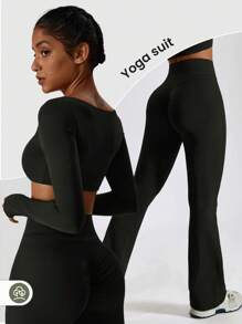 Yoga Set Women's Gym Yoga Suit Tight Fitting Sports Set T Shirts Bra Tank Top Loose Bell-Bottoms - màu đen - Xem 3