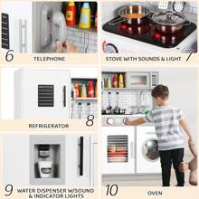 82x80x25 Cm Children's Wooden Kitchen, Wooden Play Kitchens For Children, Toy Kitchen With Light And Sound, With Play Kitchen Accessories, Small Kitchen, Toys For Children From 3 Years - 灰白色 - 查看 2