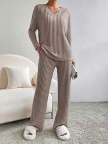Women's Pajamas Sets Long Sleeve 2 Pieces Lounge Ribbed Knit Top And Long Pants Set V Neck Sweater Sleepwear Loose Loungewear Fall Winter Matching Outfits Clothes - 卡其色 - 查看 2