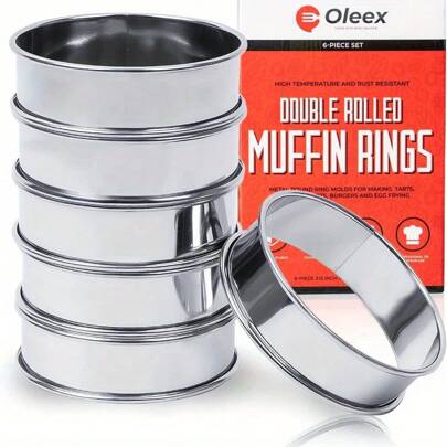 6pcs Muffin Ring Set Cream Chicken Rolls Mould Multi-Purpose Stainless Steel Ring Set Round Omelet With Face Scraper Suitable For Pancake Chicken Rolls Ring Kitchen Baking Muffin Ring
