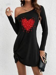 红色爱心印花黑色休闲长袖连衣裙，斜肩设计，优雅春季女装 - 黑色 - 查看 1