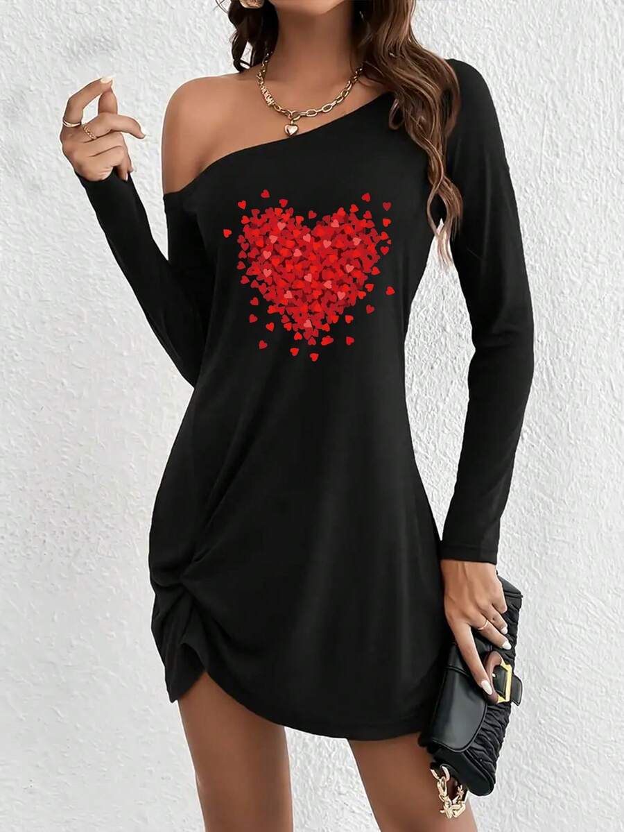红色爱心印花黑色休闲长袖连衣裙，斜肩设计，优雅春季女装 - 黑色 - 查看 1