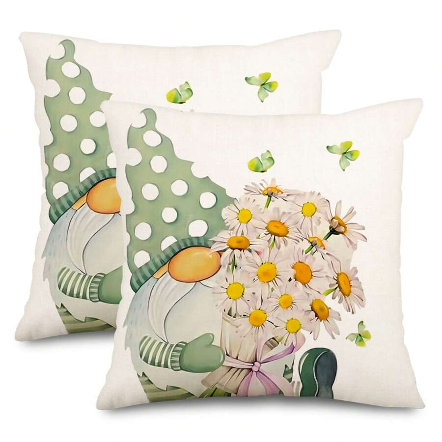 2 件春夏雏菊花枕套绿色矮人抱枕枕套 40*40 45*45 50*50 厘米 2 件套花朵和蝴蝶春季装饰靠垫套沙发露台家居装饰单面无枕芯