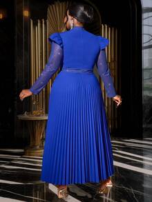 Plus Size Women's Mock Neck Long Sleeve Pleated Midi Dress, Elegant Cocktail Semi Formal Prom Dress, For Birthday, Wedding Guest, Graduation, Dinner, Homecoming - Blue - View 3