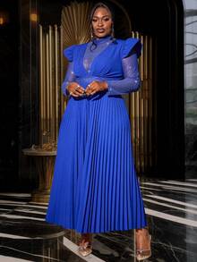 Plus Size Women's Mock Neck Long Sleeve Pleated Midi Dress, Elegant Cocktail Semi Formal Prom Dress, For Birthday, Wedding Guest, Graduation, Dinner, Homecoming - Blue - View 6