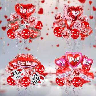 9件套情人节气球装饰套装，包含唇形气球、三心形“我爱你”气球、爱之欢呼气球、心形爱心铝箔气球、心形气球。适用于情人节、生日、婚礼、周年纪念、单身水疗派对、表白、情人节场景装饰、返校情人节等场合。