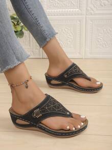 Damen Sommer Keil-Plateau-Sandalen mit Strass Zehentrennern, atmungsaktive Flatform Pantoletten