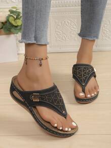 Damen Sommer Keil-Plateau-Sandalen mit Strass Zehentrennern, atmungsaktive Flatform Pantoletten