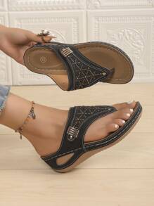 Damen Sommer Keil-Plateau-Sandalen mit Strass Zehentrennern, atmungsaktive Flatform Pantoletten