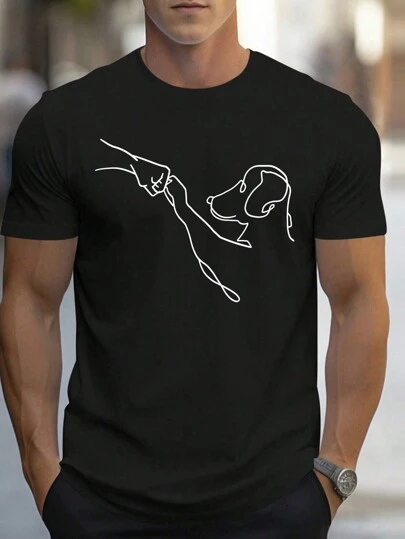 男士夏季狗印花圆领短袖休闲 T 恤