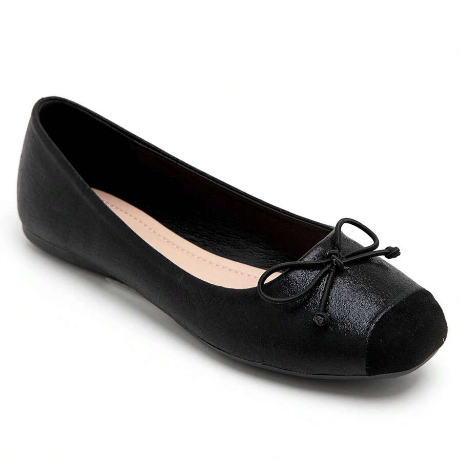 Elegant Ballet Shoes, Contrasting Toe With Decorative Bow - Classic Style Reinterpreted - Black - View 1