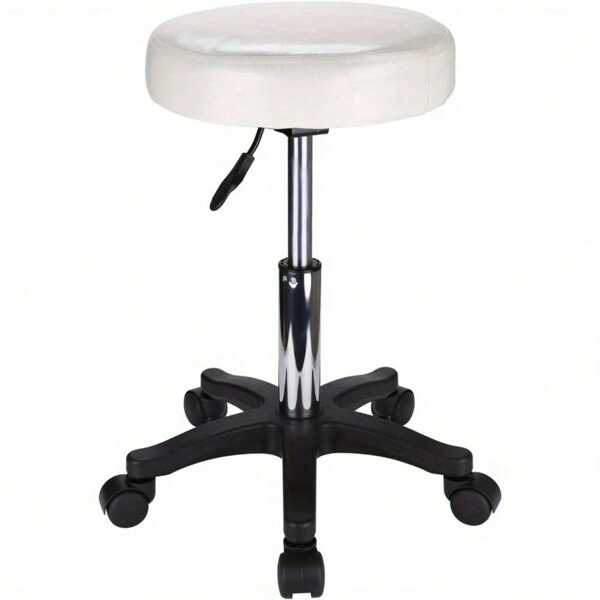 Round Rolling Stool Chair PU Leather Adjustable Swivel Stool 360° Rotatable Hydraulic SPA Salon Tattoo Work Office Chair Modern Industrial Metal Style Work Massage Stools On Wheels (Beige)