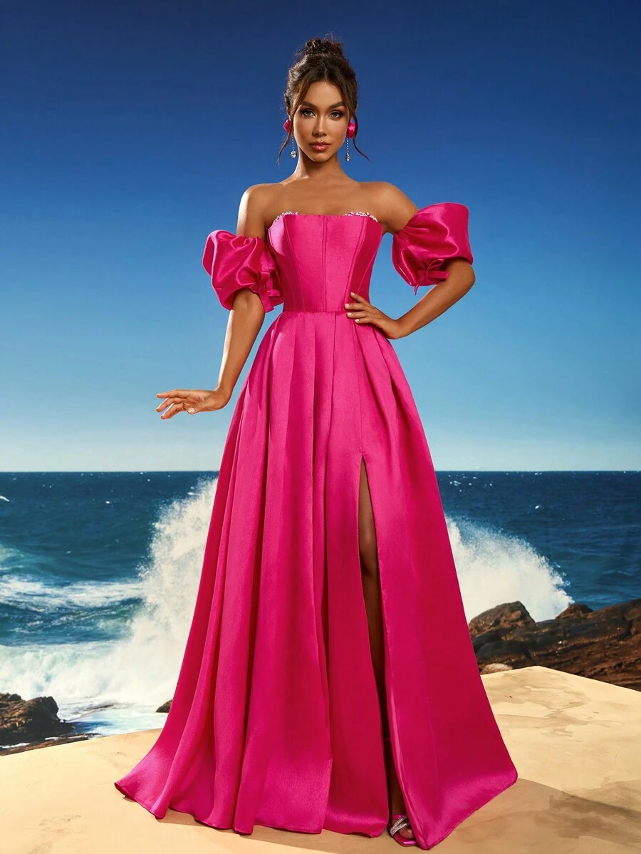 Robe de soirée formelle Anymoon à taille haute avec bordure en dentelle et ornements de strass, avec manches bouffantes amovibles