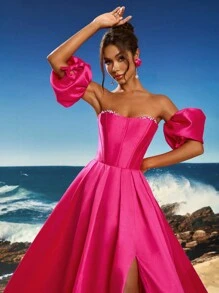 Robe de soirée formelle Anymoon à taille haute avec bordure en dentelle et ornements de strass, avec manches bouffantes amovibles