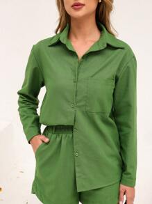 Women's Linen Shorts And Shirt Set - Army Green - View 2