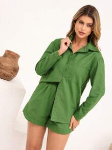 Women's Linen Shorts And Shirt Set - Army Green - View 5