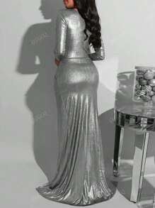 Women's Metallic Solid Color Deep V-Neck Ruched High Slit Long Sleeve Party Maxi Dress