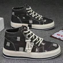 Comfy Vintage Retro High Top Canvas Sneakers - Men's Canvas Shoes With Non Slip Soles, Lace Up Closure, Breathable Design For Outdoor Activities And Casual Wear - 黑色 - 查看 2