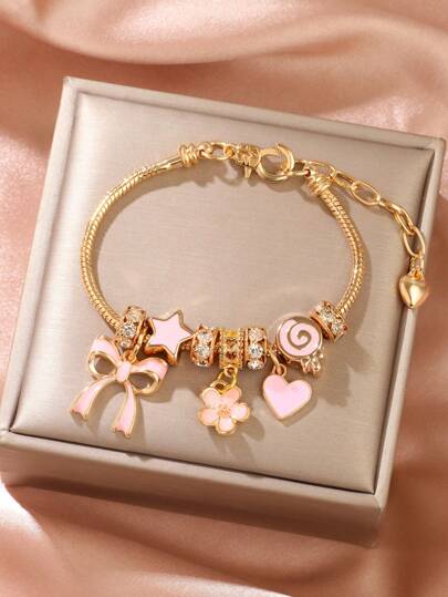 1pc Women's Adjustable Gold Color Rhinestone Butterfly, Heart, Flower Lollipop Beads Bracelet, Versatile For Daily Wear Valentines,Mom,Mother,Mother's Day,Gift