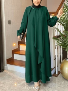 Fashion Retro Solid Green Traditional Arabic Loose Robe Dress, Modest Spring - Green - View 8