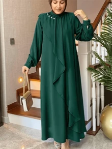Fashion Retro Solid Green Traditional Arabic Loose Robe Dress, Modest Spring - Green - View 7