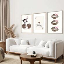 3 件套无框豹纹唇樱桃学院风艺术时髦海报 Y2K 少女房间多巴胺装饰画帆布印刷时尚墙壁画适用于宿舍、公寓、女孩房间、卧室、客厅、现代家居装饰 - 彩色 - 查看 3