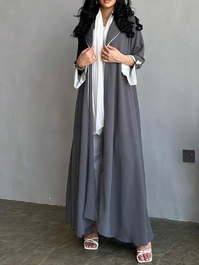 1pc Solid Color Elegant Casual Viscose Cardigan With Contrast Button, Pleated Hem Long Robe, Sophisticated Workmanship & Graceful Texture, Stylish & Chic Cardigan Robe Abaya