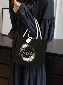 Customized Name Black Linen Tote Bag, Printed With Gold Circular Floral Pattern And Customized Text, Text Can Be Printed In The Middle Of The Pattern, Personalized Tote Bag, Business Casual Style, Travel Bag, Large Tote, Gift For Girlfriend, Boyfriend, Family, Friends, Suitable For Outdoor/Picnic/Travel/Hiking/Sports/Climbing, Business/Commute/Work/Office/Vacation - Black - View 2