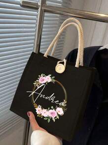 Customized Name Black Linen Tote Bag, Printed With Gold Circular Floral Pattern And Customized Text, Text Can Be Printed In The Middle Of The Pattern, Personalized Tote Bag, Business Casual Style, Travel Bag, Large Tote, Gift For Girlfriend, Boyfriend, Family, Friends, Suitable For Outdoor/Picnic/Travel/Hiking/Sports/Climbing, Business/Commute/Work/Office/Vacation - Black - View 5