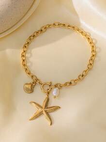 2 件不锈钢海滩风格海星和贝壳串珠手链，2024 年欧美新款夏季系列，女性最爱的金色珠宝