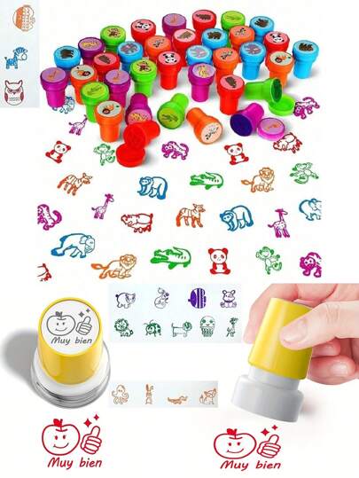 10/20/30/40pcs Assorted Self-Inking Stampers, Various Animal Designs With Cartoon Patterns, Cute Animals, Numbers And Letters, Random Styles, Great For Scrapbooking, Drawing, Album Decoration, Suitable As Birthday, Christmas, Back To School, Party Gifts (Packaging Random)