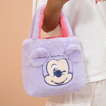 Miniso Disney Mickey Plysch Tygväska - Lila Rosa Vändbar förvaringsväska - Mode Mångsidig Cartoon Plysch Crossbody Bag-Födelsedagspresent handväska för damer