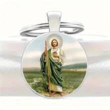 1 pieza Llavero con figura de Jesús, llavero de metal, colgante redondo, adecuado para bolso, coche, joyería, regalos de pareja, amigos, accesorios de moda para mujer, aniversario, accesorio para coche sencillo, accesorio para mochila escolar