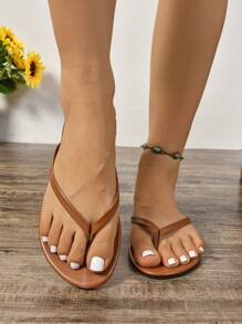 女士大码舒适休闲日常百搭平底人字拖，春夏穿搭 - 棕色 - 查看 4