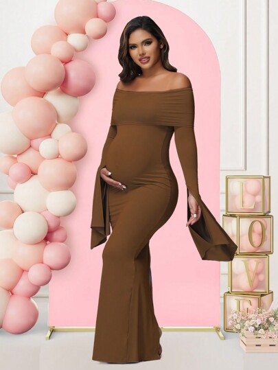 Maternity Long Sleeve Solid Color Off-Shoulder Dress For Baby Shower Photoshoot Party
