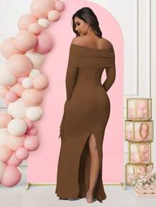 孕妇长袖纯色露肩连衣裙，适合婴儿洗礼拍摄派对