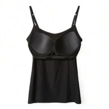 2 In 1 Built In Bra Women Cami Vest Camisole Tank Top Ladies Underwear Undershirts Casual Shelf Bra Spaghetti Straps - Black - View 10