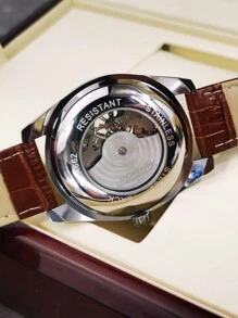 AOKULASIC 1 件男士时尚奢华陀飞轮镂空自动机械表 24 小时显示棕色皮革表带商务休闲男士手表礼物 - 銀色 - 查看 6