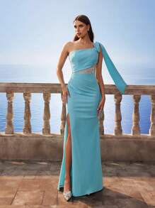 Elegant One Shoulder Style Sequin Patchwork Prom Party Valentine's Day Dress, Satin Mermaid Bridesmaid Dress For Sisters - Blue - View 7