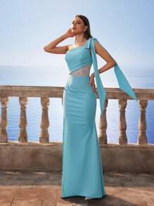 Elegant One Shoulder Style Sequin Patchwork Prom Party Valentine's Day Dress, Satin Mermaid Bridesmaid Dress For Sisters - Blue - View 2