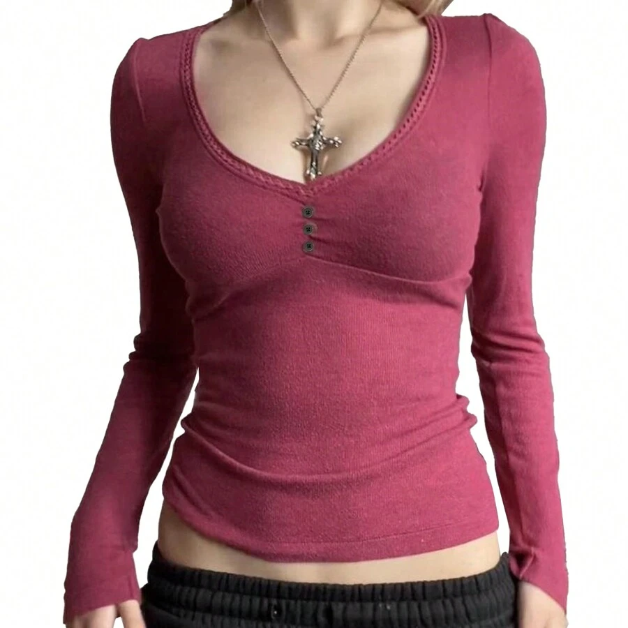 Women Y2K T-Shirt Long Sleeve V Neck Solid Color Ladies Fall Tops Streetwear For Casual Daily - 紅色 - 查看 1