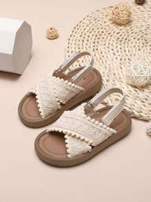1 Pair Princess Style Woven Adjustable Hook And Loop Thick-Soled Beach Sandals, Suitable For Girls In Summer - Beige - View 3