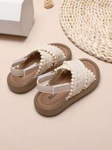 1 Pair Princess Style Woven Adjustable Hook And Loop Thick-Soled Beach Sandals, Suitable For Girls In Summer - Beige - View 4