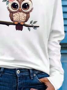 Camiseta blanca casual con estampado de búho, ropa de mujer para otoño/invierno